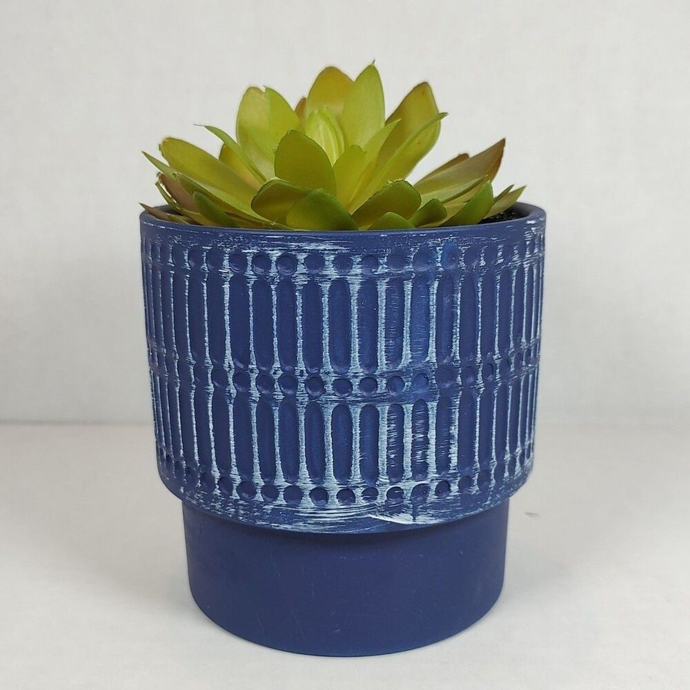 Artificial Fake Succulent Plant Blue Textured Ceramic Planter Whitewashed Desk - Picture 2 of 10